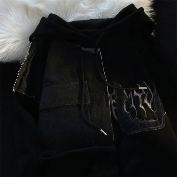 Getadme-American retro patch stitching hooded sweater men and women spring and autumn national tide couple long-sleeved loose shirt tide